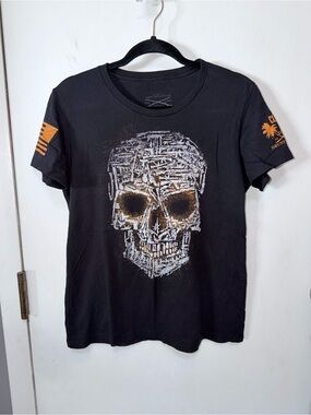 Grunt Style Unisex Black Skull Tee with Orange Sleeve Accents